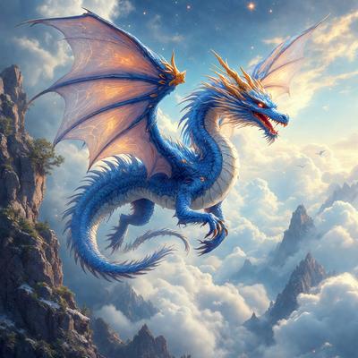 Primary subject: A blue dragon with yellow and orange wings flying in the sky.

Setting/background: The dragon is flying in a cloudy sky, with mountains visible in the background.

Visual style: The image is a digital art illustration.

Colors and mood: The dominant colors are blue, yellow, and orange, creating a vibrant and lively atmosphere.
